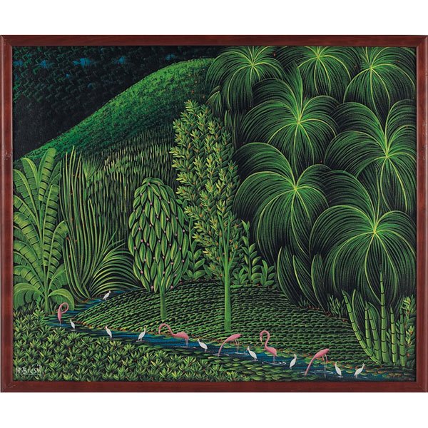 Henri Robert Bresil, "Flamingoes in Landscape," c: Henri Robert Bresil (Haitian, 1952-1999) "Flamingoes in Landscape," c. 1980, oil on canvas, 19.5" x 23.5", signed lower left, framed
