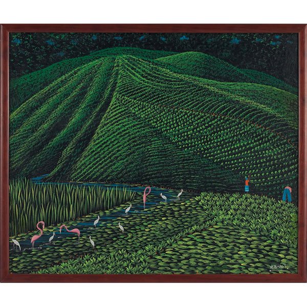 Henri Robert Bresi, "Flamingoes in Landscape," c.: Henri Robert Bresil (Haitian, 1952-1999) "Flamingoes in Landscape," c. 1980, oil on canvas, 19.5" x 23.5", signed lower right, framed