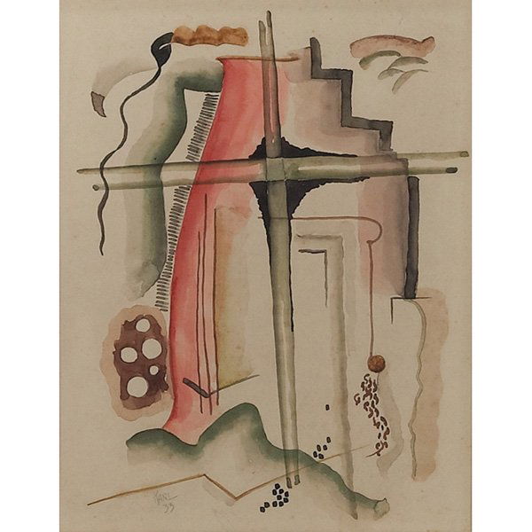 Karl Gasslander, "Abstract," 1933, watercolor: Karl Gasslander (American, 1905-1997) "Abstract," 1933, watercolor, 10" x 7.5", signed and dated lower left, framed