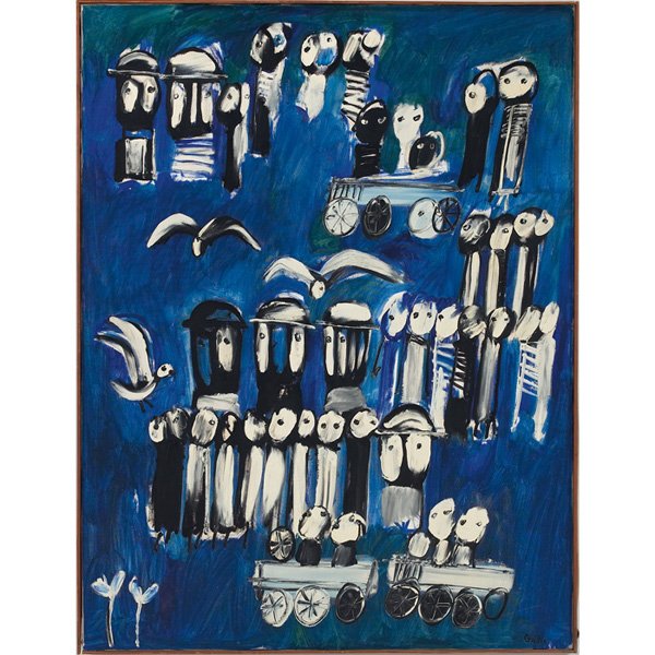 Yannis Gaitis, "Je Te Regarde Toujours avec les Y: Yannis Gaitis (Greek, 1923-1984) "Je Te Regarde Toujours avec les Yeux des mes Petits Bonhommes," 1966, oil on canvas, 45.25" x 35", signed lower right, signed, titled and dated on verso, framed