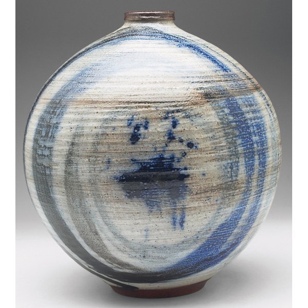 Vivika and Otto Heino vase, gray glaze: Vivika and Otto Heino vase, very large bulbous shape covered in a gray glaze with a blue and black design, signed, 10"w x 11"h