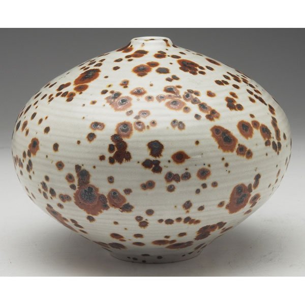 Vivika and Otto Heino vase, gray glaze: Vivika and Otto Heino vase, bulbous shape covered in a gray glaze with a brown spotted design, signed, 6.5"w x 5"h