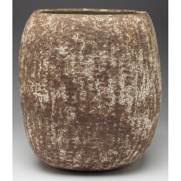 Claude Conover vase, interlocking rings design: Good Claude Conover vase, large four-sided form with interlocking rings design, marked, 12"h