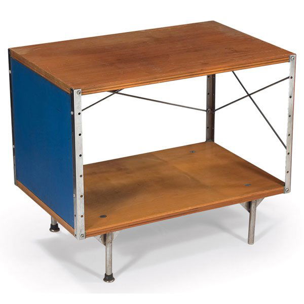 Charles & Ray Eames ESU 200, second series, Herman: Charles & Ray Eames ESU 200, second series, by Herman Miller, 1950s, open cube with birch top and bottom and one blue panel, original finish, two glides missing, 24"w x 16.75"d x 20.5"h, very good ori