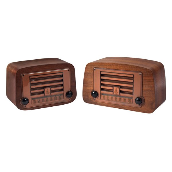 Charles & Ray Eames radios, Emerson, wood cases,Ev: Charles & Ray Eames radios, two, by Emerson, wood cases made by Evans, c.1946, model #578A (at left) and 678A (at right), mahogany and walnut veneers, original Bakelite knobs, brass and glass, 9.25"w