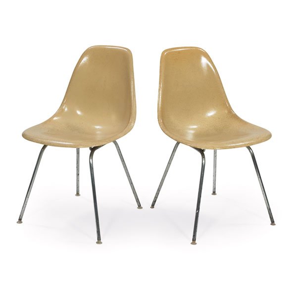 Charles & Ray Eames shell chairs, pair, Herman Mil: Charles & Ray Eames shell chairs, pair, by Herman Miller, Parchment fiberglass seats over zinc legs, nylon glides, original finish, 18.5"w x 21.5"d x 31.25"h, excellent original condition