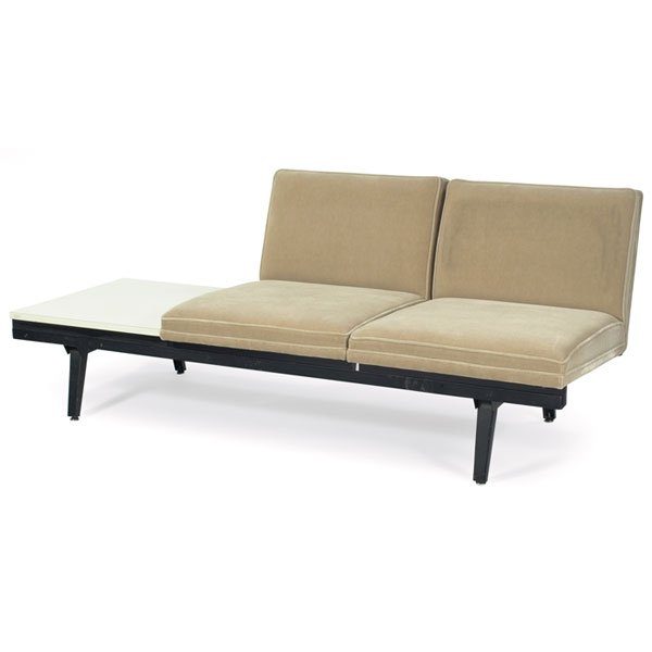 George Nelson seating unit, Herman Miller: George Nelson seating unit, by Herman Miller, black iron frame, two removable seats, one table with white laminate top, replaced mohair upholstery, overall: 73"w x 28"d x 29"h, table is 24"w x 24"d x 
