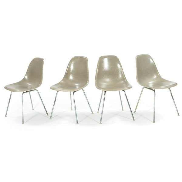 Charles & Ray Eames shell chairs, four, Herman Mil: Charles & Ray Eames shell chairs, four, by Herman Miller, Greige fiberglass seats over zinc legs, nylon glides, original finish, one signed with a paper Herman Miller label, 18.5"w x 21.5"d x 31.25"h,