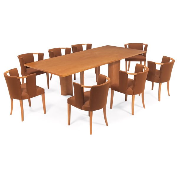 Eliel Saarinen dining table and chairs, by Johnson: Eliel Saarinen dining table and chairs, by Johnson, birch, large table with replaced top, eight chairs with replaced fine brown wool upholstery, refinished, very good condition, table: 96"w x 44"d x 2