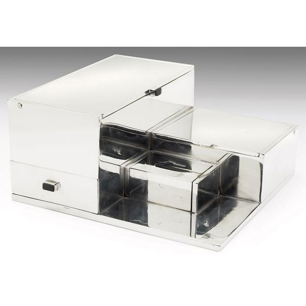 Robert Mallet-Stevens box, Maison Desny, Paris, c.: Robert Mallet-Stevens box, for Maison Desny, Paris, c. 1928, nickel-plated brass, three lift-top compartments, one drawer with wood handle, stamped "Desny Paris Made in France Depose" under the drawer