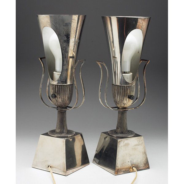 Tommi Parzinger table lamps, pair, by Lightolier,: Tommi Parzinger table lamps, pair, by Lightolier, USA, c. 1950, silver-plated brass, aluminum, 8.5"w x 6.25"d x 19"h, very good original condition
