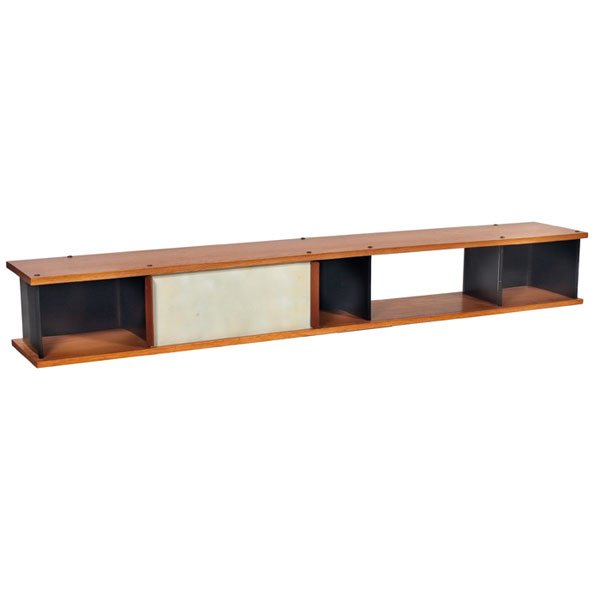 Charlotte Perriand & Jean Prouve wall shelf, by At: Charlotte Perriand & Jean Prouve wall shelf, by Ateliers Jean Prouve, France, 1950s, oak top and bottom, black enameled metal supports, one plastic sliding door, wood portions refinished, two mounting