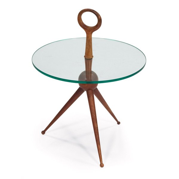 Pietro Chiesa side table, by Fontana Arte, Italy: Pietro Chiesa side table, by Fontana Arte, attribution, Italy, central ball support over three tapered legs, wood carrying handle to top, original finish, stamped "Made in Italy", 18"dia X 24"h, very 