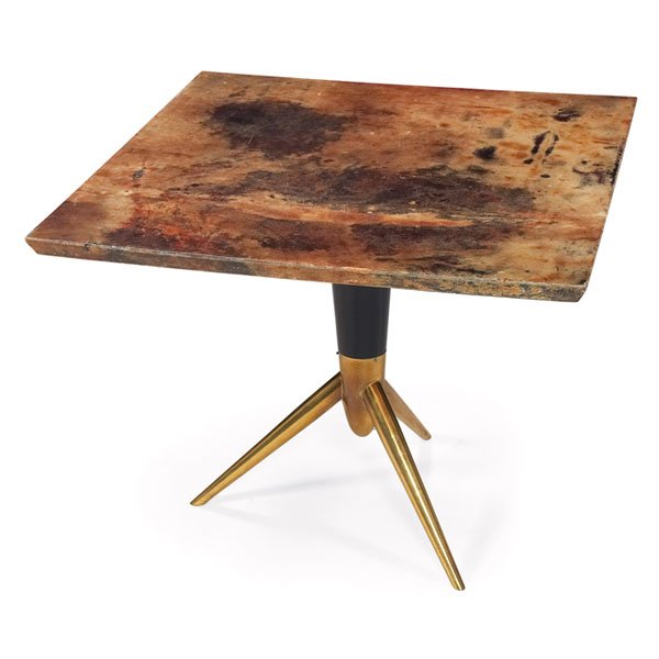 Aldo Tura occasional table: Aldo Tura occasional table, square wood top covered in the original goatskin, ebonized base with three brass legs, original finish, 20"w x 20"d x 16.5"h, very good original condition