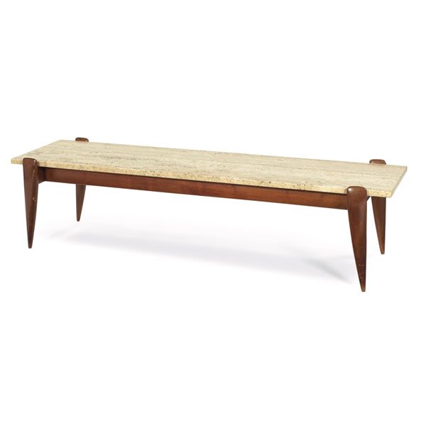 Gio Ponti coffee table, by Singer, travertine marb: Gio Ponti coffee table, by Singer, original travertine marble top, walnut base with sculptural tapered legs, original finish, 60"w x 17.5"d x 15.5"h, wear to finish of legs, otherwise very good origin