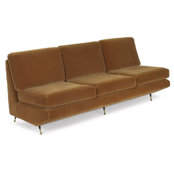Giovanni (Nino) Zoncada sofa, Italy, passenger shi: Giovanni (Nino) Zoncada sofa, Italy, 1950s, designed for an Italian passenger ship, angled form over brass and black enameled metal legs, reupholstered in tan mohair fabric, 72"w x 30"d x 31"h, excell