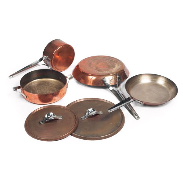 Georg Jensen cooking pots, Denmark, copper: Georg Jensen cooking pots, Denmark, copper, two saute pans, small sauce pan, small Dutch oven with lid, one large lid does not fit any of the pans, six pieces total, original finish, pots signed with 