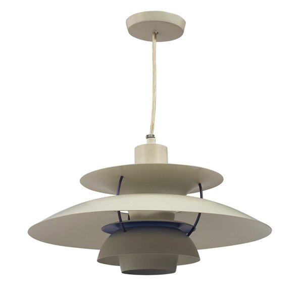 Poul Henningsen PH-5 hanging lamp, by Louis Poulse: Poul Henningsen PH-5 hanging lamp, by Louis Poulsen, Denmark, white enameled metal with red and purple interior, includes a ceiling cap, with original packing box, 20"dia, excellent condition