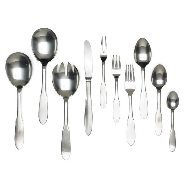 Georg Jensen stainless flatware, Denmark, eight: Georg Jensen stainless flatware, Denmark, eight demi-tassle spoons, eights soup spoons, twelve dinner knives, eight salad forks, eight teaspoons, twelve dinner forks 8", pickle fork, two large serving