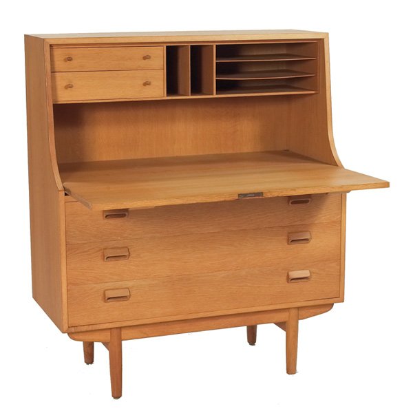 Borge Mogensen secretary cabinet, oak, Denmark: Borge Mogensen secretary cabinet, oak, Denmark, drop-front over three drawers, interior contains two small drawers and dividers, key included, original finish, signed with Soborg Mobler label and stam