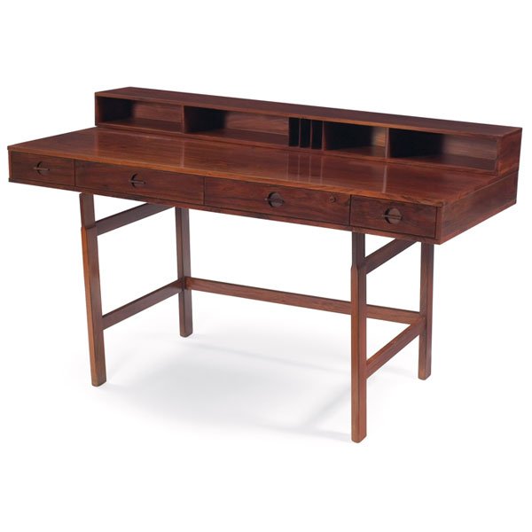 Jens Quistgaard desk, by Lovig, Denmark, rosewood: Jens Quistgaard desk, by Lovig, Denmark, rosewood, hinged gallery top folds flat as needed, four drawers, original finish, signed with Lovig stamp and dated 1971, 64"w x 28.75"d x 34"h, very good orig