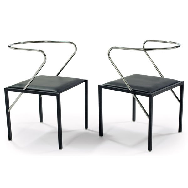 Shiro Kuramata "Apple Honey" chairs, pair: Shiro Kuramata "Apple Honey" chairs, pair, by UMS-Pastoe, Japan, c. 1986, square seats with black vinyl upholstery, enameled steel legs, tubular chromed steel backrests, original finish, 18.75"w x 20"
