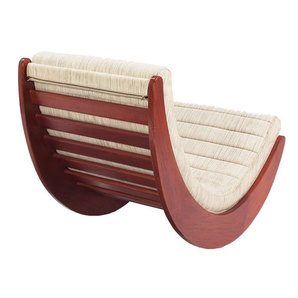 Verner Panton "Relaxer 2" rocking chair, by Rosent: Verner Panton "Relaxer 2" rocking chair, by Rosenthal, c.1974, crescent-shaped stained beech wood frame with slatted wood supports, channeled upholstered cushion, refinished, 25"w x 39"d x 31"h, very