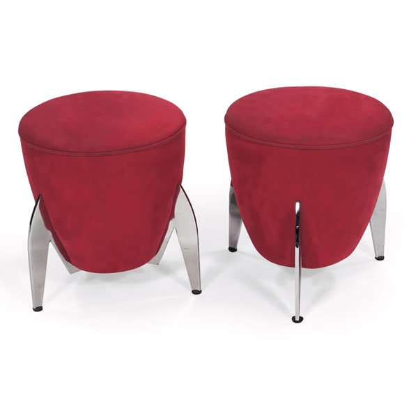 1980s stools, pair, heavy polished metal rocket sh: 1980s stools, pair, heavy polished metal rocket ship bases with three legs, original red ultrasuede upholstery, unsigned, 16"dia X 17.5"h, very good original condition