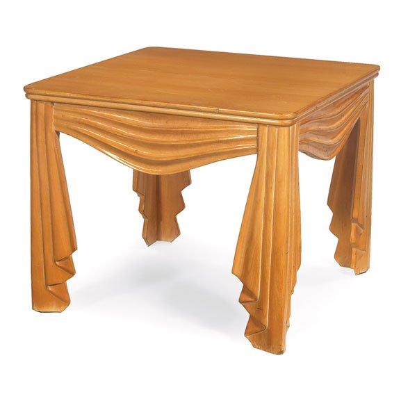 1970s occasional table,birch: 1970s occasional table, designer unknown, birch, square form with four legs featuring a draped fabric carved design, original finish, unsigned, 27.25"w x 27.25"d x 22.5"h, very good original condition