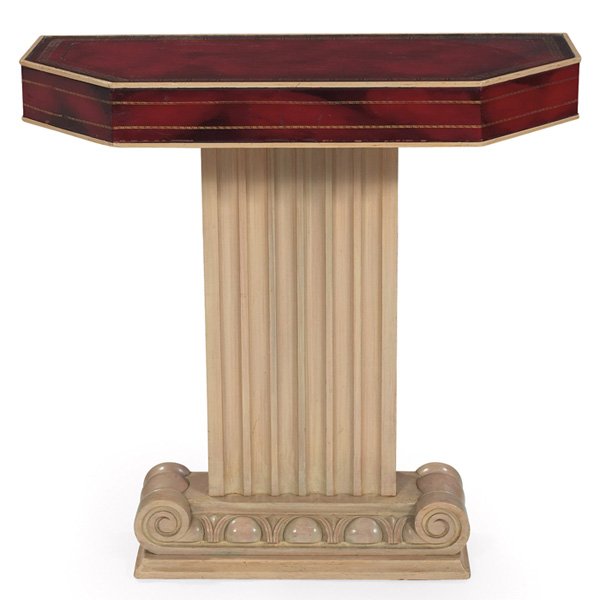 Grosfeld House console, pedestal wood base, red le: Grosfeld House console, pedestal wood base with the original red leather covering to the top with stamped gold trim, original finish, 31.75"w x 15"d x 30.5"h, excellent condition