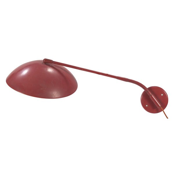 Kurt Versen wall lamp, by Kurt Versen Inc, steel,: Kurt Versen wall lamp, by Kurt Versen Inc., 1940s, original dark red enameled steel form with adjustable aluminum shade, adjustable neck, shade is 14"dia, 31"long, good original condition