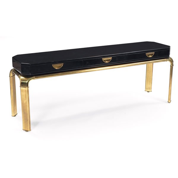 John Widdicomb console, in the style of Mastercra: John Widdicomb console, in the style of Mastercraft, low form with black lacquered cabinet with chamfered top and three shallow drawers over solid cast brass legs, original drawer pulls, signed with J