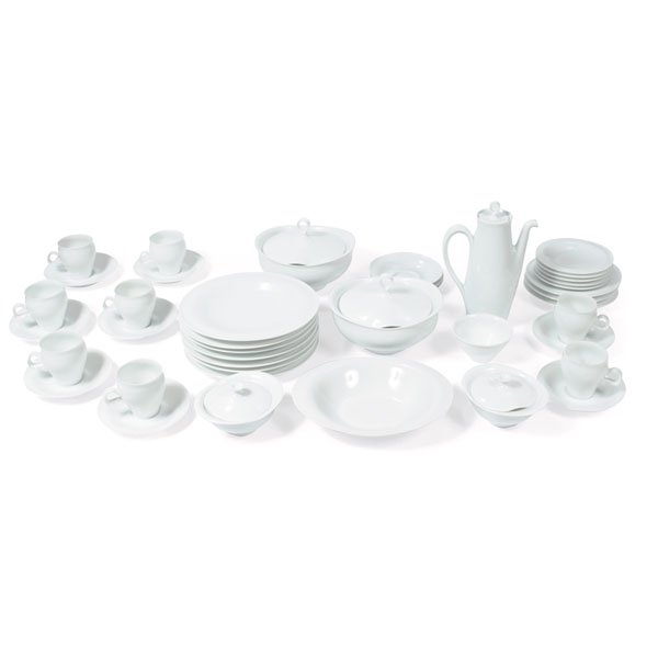 Russel Wright "Theme Formal" china, by Yamato Chi: Rare Russel Wright "Theme Formal" china, by Yamato China Co., Ltd., Japan, 1965, white porcelain, set consists of coffee pot with lid, 2 covered casseroles, open vegetable dish, 2 covered sugar dishes