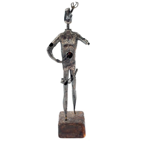 Pal Kepenyes sculpture, metal, wood: Pal Kepenyes sculpture, metal figure over a wood base, open to torso reveals a red painted heart, inscribed signature on back of torso "Pal Kepenyes", 12"h, very good original condition