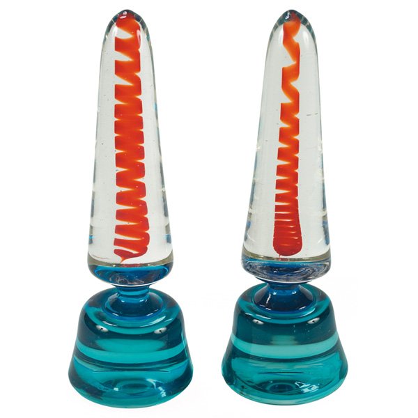 Venini obelisks, pair: Venini obelisks, pair, attributed, solid blue bases supporting solid clear cones with internal orange spirals, 11"h, mint condition
