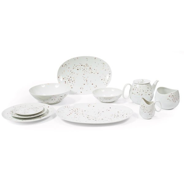 Raymond Loewy "Confetti" china, by Continental Ch: Raymond Loewy "Confetti" china, by Continental China, Germany, set of 77 pieces, includes 18 dinner plates, 18 salad plates, 18 bread plates, 14 saucers (no cups), teapot with lid, creamer, 13" platte