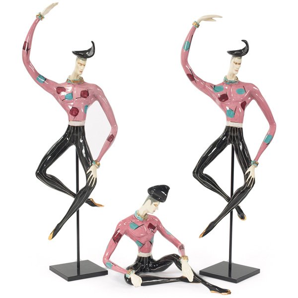 Marc Bellaire "Mardi Gras" sculptures, three, cer: Marc Bellaire "Mardi Gras" sculptures, three, hand-painted glazed ceramic forms with gold trim, two dancers on a metal stand (removable), one seated figure, all signed "Bellaire", dancers: 12"w x 30"h