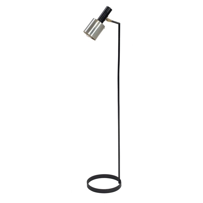 1960s floor lamp, black iron ring base in the sty: 1960s floor lamp, black iron ring base in the style of Ben Seibel, adjustable shade with black enameled and polished aluminum original finish, unsigned, 50"h, very good original condition