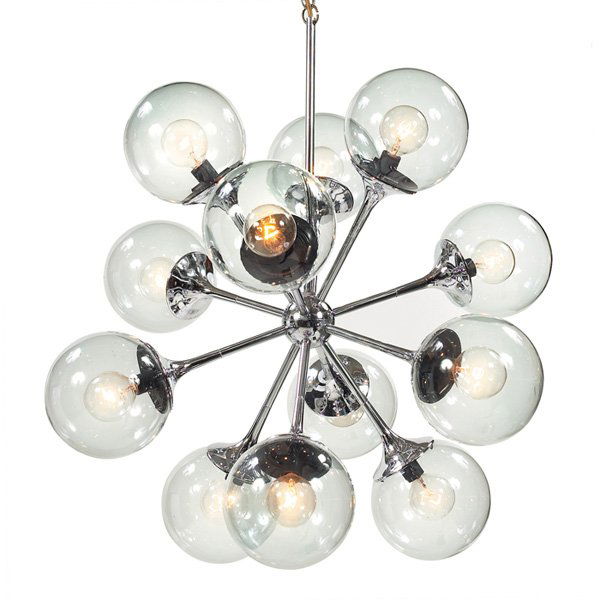Lightolier "Sputnik" light fixture, 1970s, chrome: Lightolier "Sputnik" light fixture, 1970s, twelve polished chrome arms with the original smoked glass globe shades, matching chrome ceiling cap signed with Lightolier label, 23"w x 20"h, very good ori