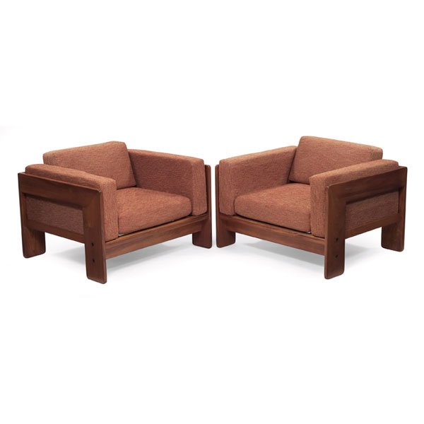 Afra and Tobia Scarpa "Bastiano" chairs, pair, by: Afra and Tobia Scarpa "Bastiano" chairs, pair, by Knoll in Italy and imported by Stendig, rosewood frames with fabric-covered loose cushions, lightly cleaned original finish, marked with Stendig label