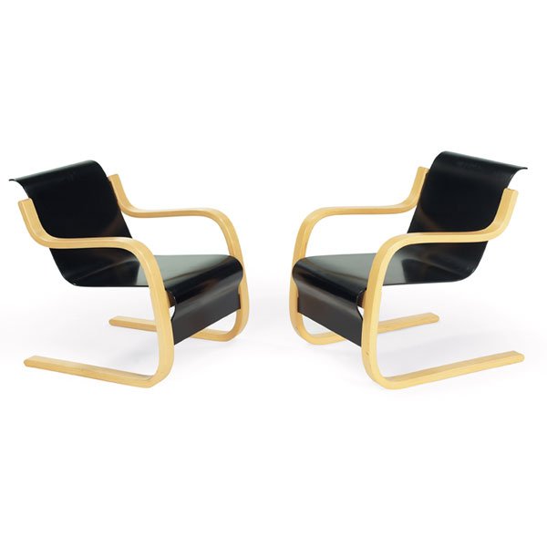 Alvar Aalto chairs, pair, birch: Alvar Aalto chairs, pair, black seats, bentwood birch frames, original finish, 24"w x 28"d x 28"h, very good original condition