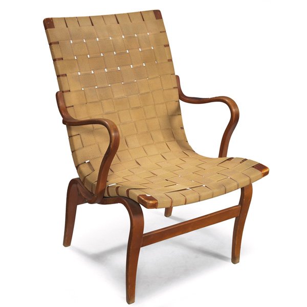 Bruno Mathsson lounge chair: Bruno Mathsson lounge chair, beech frame, replaced straps, original finish, signed with EDV-Wilberg Mobelfabrik Moelv label, 22.5"w x 26.5"d x 32.5"h, good condition
