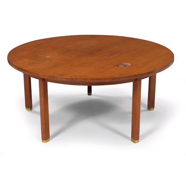 Edward Wormley coffee table, by Dunbar, mahogany,: Edward Wormley coffee table, by Dunbar, mahogany, round top over four legs with brass feet, original finish, signed with rectangular brass tag, 38"dia X 16.5"h, stains to top, good condition