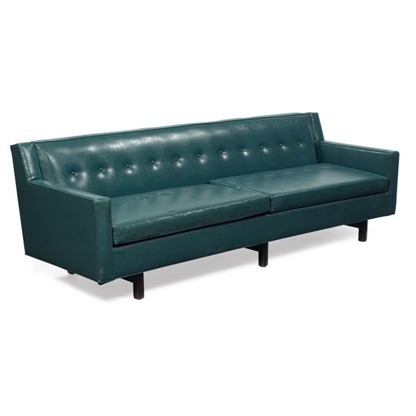 Large Edward Wormley sofa, by Dunbar: Large Edward Wormley sofa, by Dunbar, sculptural mahogany legs, original turquoise vinyl upholstery, original finish, signed with Dunbar fabric in the cushion decking, 93"w x 31"d x 30"h, wear to viny