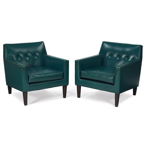 Edward Wormley lounge chairs, pair, by Dunbar, ma: Edward Wormley lounge chairs, pair, by Dunbar, mahogany legs, brass tack trim, original dark blue-green vinyl upholstery, original finish, signed with Dunbar fabric in the cushion decking, 29"w x 31"d