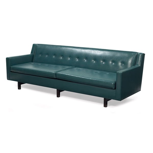 Edward Wormley sofa, by Dunbar, mahogany, vinyl: Large Edward Wormley sofa, by Dunbar, sculptural mahogany legs, original turquoise vinyl upholstery, original finish, signed with Dunbar fabric in the cushion decking, 93"w x 31"d x 30"h, wear to viny
