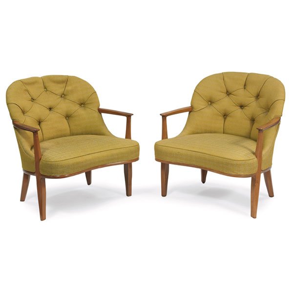 Edward Wormley Janus Collection chairs, pair, by : Edward Wormley Janus Collection chairs, pair, by Dunbar, mahogany, original upholstery, original finish, each signed with rectangular brass tag, 27.25"w x 27"d x 29.5"h, upholstery shows age, very goo