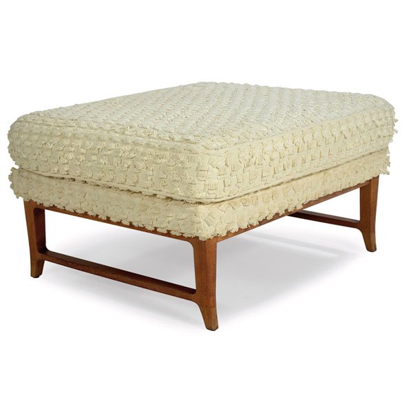 Edward Wormley ottoman, by Dunbar, from the Janus: Edward Wormley ottoman, by Dunbar, from the Janus Collection, mahogany frame, white cotton upholstery with fringe, original finish, signed with brass metal tag, 34"w x 28"d x 18"h, very good condition