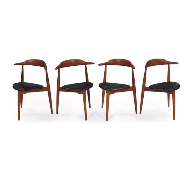 Hans Wegner chairs, oak, leather, four, by Fritz: Hans Wegner chairs, oak, set of four, by Fritz Hansen, curved backrest, three legs, original black leather upholstery, original finish, signed with Fritz Hansen and Poul Dinesen stamps, 23.5"w x 19"d