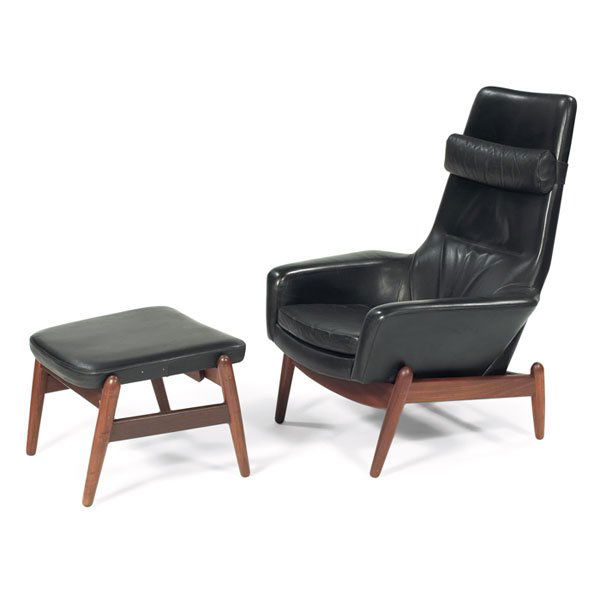 Arne Vodder lounge chair and ottoman, by Povl Din: Arne Vodder lounge chair and ottoman, by Povl Dinesen, rosewood, chair reclines, ottoman adjusts, removable headrest cushion, original black leather upholstery, original finish, unsigned, chair: 31"w